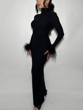 Backless Turtleneck Maxi Dress with Ostrich Feather Cuffs