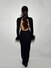 Backless Turtleneck Maxi Dress with Ostrich Feather Cuffs