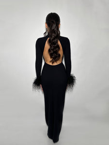 Backless Turtleneck Maxi Dress with Ostrich Feather Cuffs