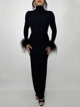 Backless Turtleneck Maxi Dress with Ostrich Feather Cuffs