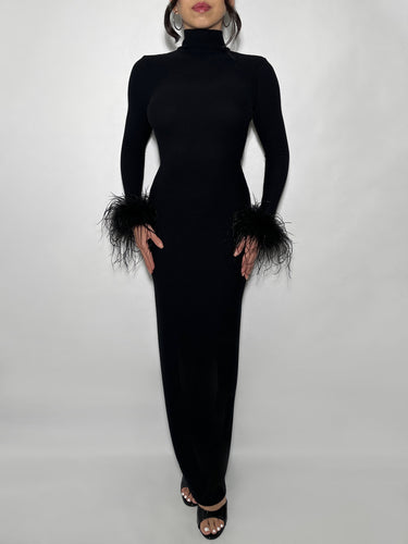 Backless Turtleneck Maxi Dress with Ostrich Feather Cuffs