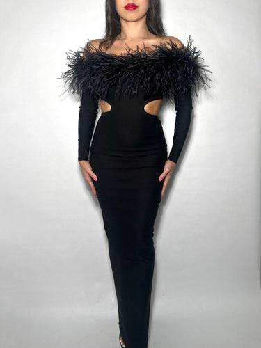 Black Maxi Cut Out Dress with Ostrich Feathers