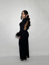 Backless Turtleneck Maxi Dress with Ostrich Feather Cuffs