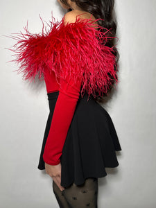 Off the shoulder, Red , Ostrich Feather Bodysuit