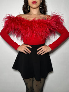 Off the shoulder, Red , Ostrich Feather Bodysuit