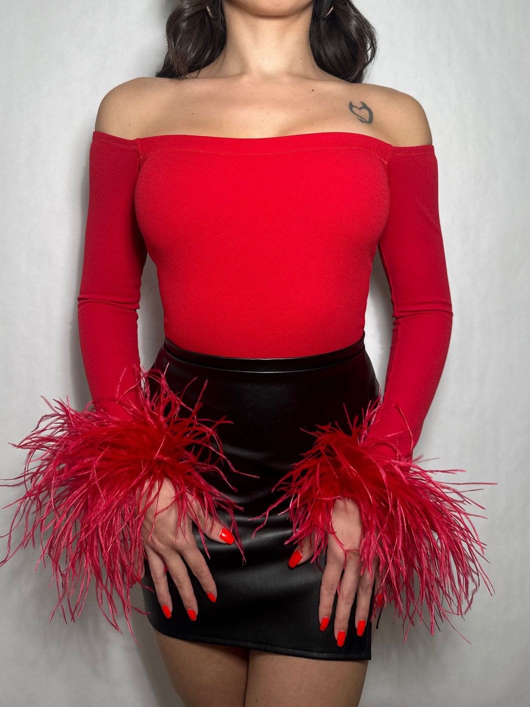 Off the shoulder, Red , Bodysuit with Ostrich Feathers