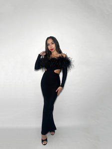 Black Maxi Cut Out Dress with Ostrich Feathers