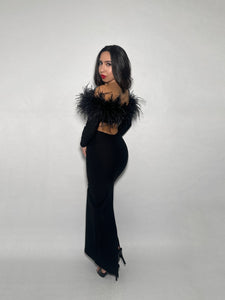 Black Maxi Cut Out Dress with Ostrich Feathers