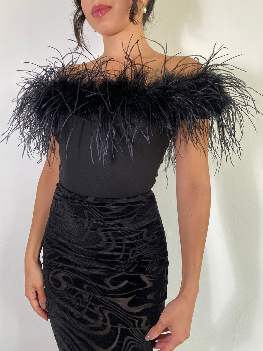 Off the shoulder Black Ostrich Feather Bodysuit – Vashtieve